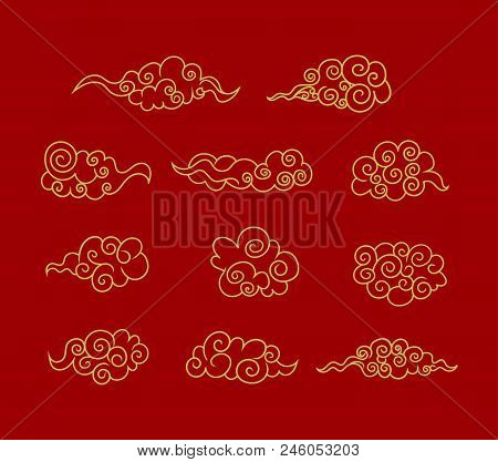 Vector Golden Tibetan Clouds, Buddhism Art, Design Elements Set On Red Background, Golden Lines.