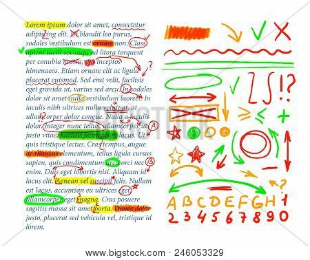 Vector Text Correction Marks, Text Template, Design Elements Set, Exercise Book Check. Template Illu