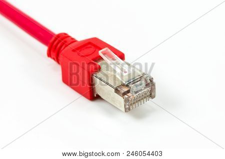 Red Patch Cable With Rj45 Connector Isolated On White Background