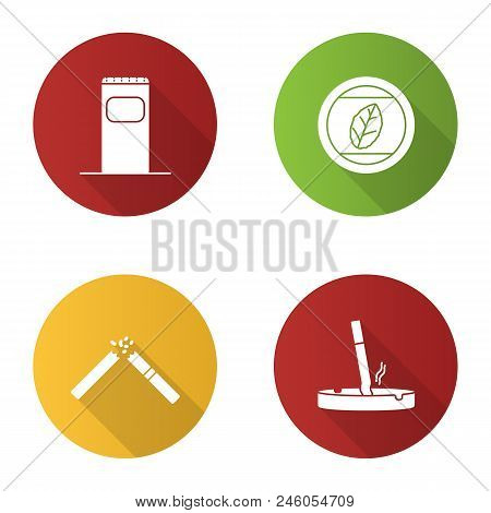 Smoking Flat Design Long Shadow Glyph Icons Set. Garbage Bin, Tobacco Leaf, Stubbed Out Cigarette In