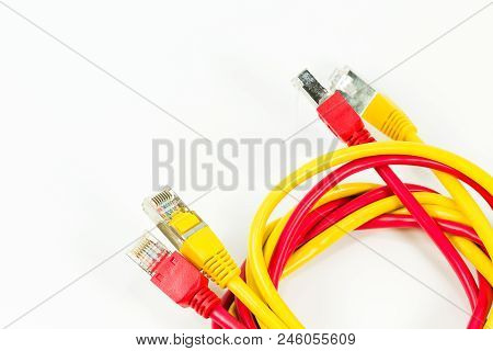Red And Yellow Patch Cables With Rj45 Connector Isolated On White Background