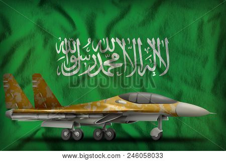 Fighter, Interceptor With Desert Camouflage On The Saudi Arabia Flag Background. 3d Illustration