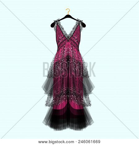Fancy Dress With Rhinestones. Celebrity Dress.luxury Dress. Fashion Vector Illustration
