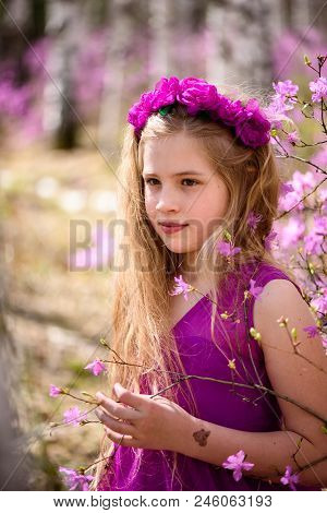 Portrait Of Child With A Long Blond Hair Stands Among The Ledum And Birch In A Pink Dress And Smilin