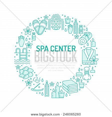 Spa Center Blue Banner Illustration With Flat Line Icons. Essential Oils, Aromatherapy Massage, Turk