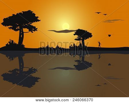Vector Illustration Of Silhouette Of Sunset On The Beach With Trees And A Boy Running With A Kite, R