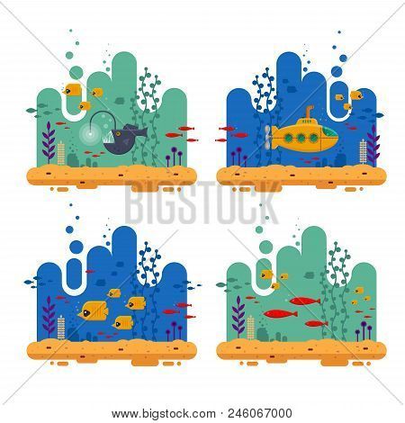 Yellow Submarine With Periscope Underwater Concept. Marine Life With Fish Flock, Angler Fish, Coral,