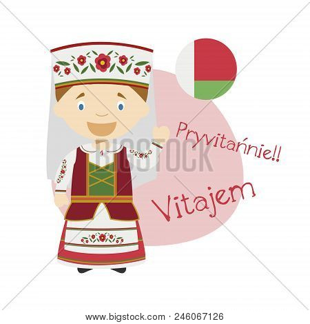Vector Illustration Of Cartoon Character Saying Hello And Welcome In Belarusian