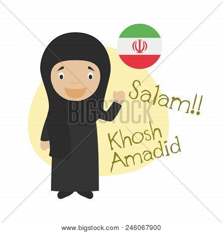 Vector Illustration Of Cartoon Character Saying Hello And Welcome In Persian Or Farsi
