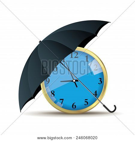 The Clock Is Under The Umbrella, Isolated Over White Background.