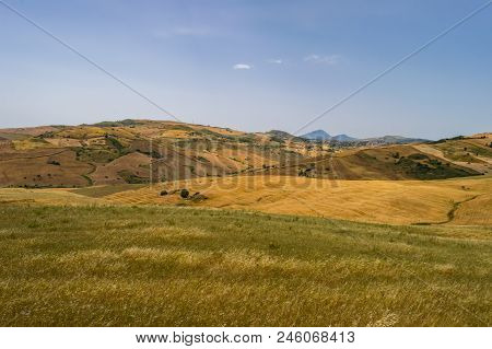 View Of The Countryside, Fields And Hills In The Region Of Vicari In Northern Sicily