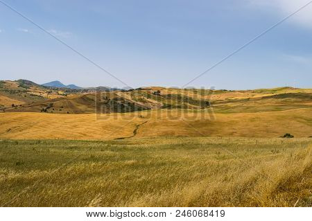 View Of The Countryside, Fields And Hills In The Region Of Vicari In Northern Sicily