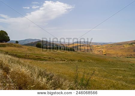 View Of The Countryside, Fields And Hills In The Region Of Vicari In Northern Sicily