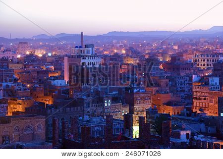 The Capital Of Yemen. View On The Old City From Roof At Dawn