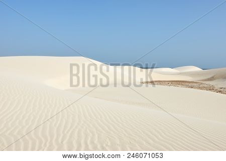 Big White Sand Dunes At Aomak Beach At Sunset, Socotra Island, Yemen. The Protected Area Of Aomak Be