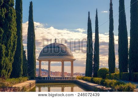 Malaga, Spain - January 27, 2018. Historical Gazebo, Conception Garden, Jardin La Concepcion In Mala