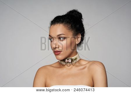Beauty Closeup Front View Portrait Of Beautiful Mixed Race Caucasian - African American Woman Wearin