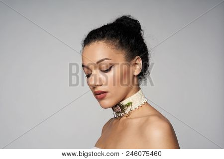 Beauty Closeup Profile Portrait Of Beautiful Mixed Race Caucasian - African American Woman Wearing C
