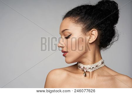 Beauty Closeup Profile Portrait Of Beautiful Mixed Race Caucasian - African American Woman Wearing C