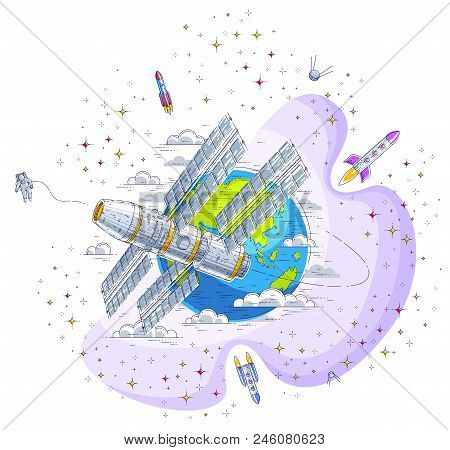 Space Station Flying Orbital Spaceflight Around Earth, Spacecraft Spaceship Iss With Solar Panels, A