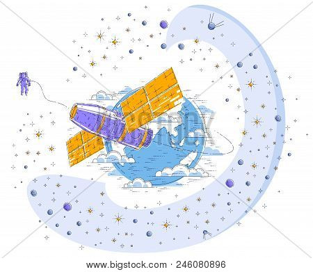 Space Station Orbiting Around Earth, Spaceflight, Spacecraft Spaceship Iss With Solar Panels, Artifi