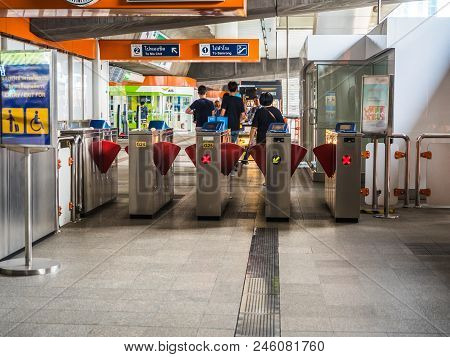 Bangkok, Thailand - May 6,2017 : In And Exit Gates At Bts Skytrain Phayathai Station On May 6, 2017 
