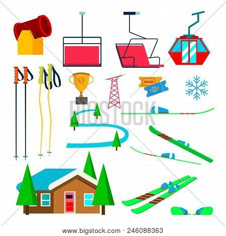 Skiing Icons Set Vector. Skiing Accessories. Skis, Snow Gun, Snowflake, Lift, Elevator, Mountains, W