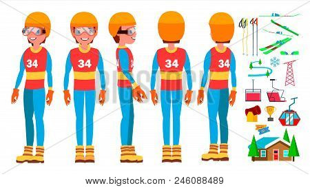 Skiing Male Player Vector. Slope Competition. Recreation Lifestyle. In Action. Cartoon Character Ill
