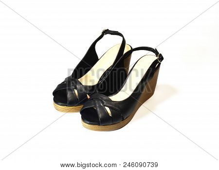 Pair Of Luxury Woman Black High-heel Shoes, Slingback Shoes, Chunky Heel Shoes, Isolated On White Ba