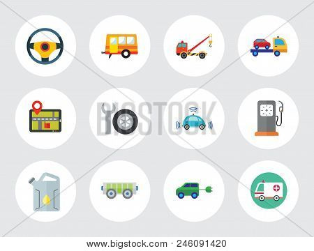Car Icon Set. Steering Wheel Tire Electric Car Spanner And Car Wheel Petrol Jerrican Electrocart Tow