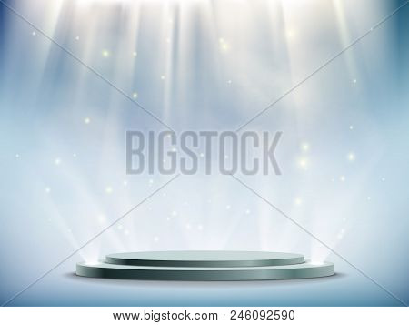 Round Podium Illuminated By Searchlights. Blank Background With Copy Space. Stock Vector Illustratio