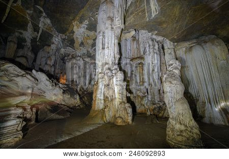 Stalactites And Stalagmites In Tham Phu Wai, Cave In Thailand