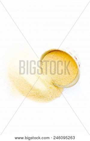 Semolina Flour In A White Colored Bowl Isolated On White Also Known As Sooji Or Suji.
