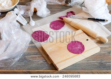 Cooking Class, Culinary. Food And People Concept, Molding Of Pelmeni Or Meat Colorful Dumplings, Set