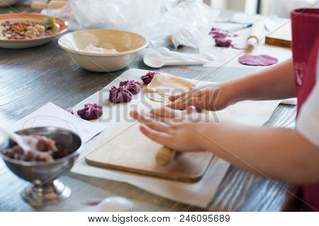 Cooking Class, Culinary. Food And People Concept, Molding Of Pelmeni Or Meat Colorful Dumplings, Set