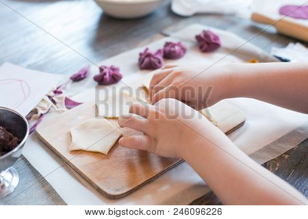 Cooking Class, Culinary. Food And People Concept, Molding Of Pelmeni Or Meat Colorful Dumplings, Set