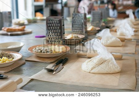 Cooking Class, Culinary. Food And People Concept, Desktop Getting Ready For Work