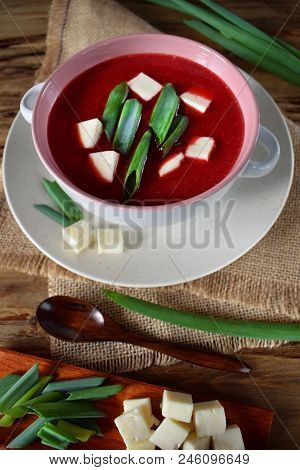 Beet Soup-puree Topped With Bryndza And Green Onion In A Ceramic Tureen