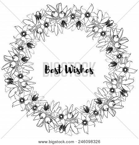 Hand Drawn Vintage Floral Round Frame. Black And White. Stock Vector Illustration.