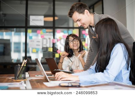 Business People Are Discussing About Their Work. Happy Boss Is Talking To Employee At Workplace. Set