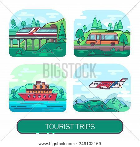 Set Of Summer Travelling On Plane, Ship, Train Or A Bus. Kinds Of Transportation For Trip Or Tourism
