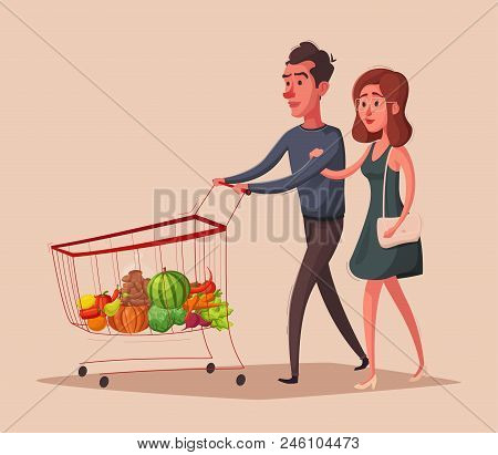 Happy Family With Supermarket Shopping Cart. Cartoon Vector Illustration. Self-service Full Shopping