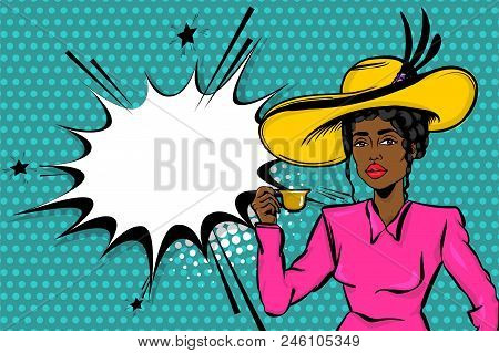 Black Afro Young Woman Pop Art. Elegantly Dressed, In A Beautiful Retro Hat And Fashionable Dress St