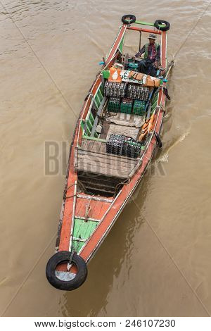 Yangon, Myanmar - September 26, 2016: Traditional river taxi ferry boats in Yangon, Burma