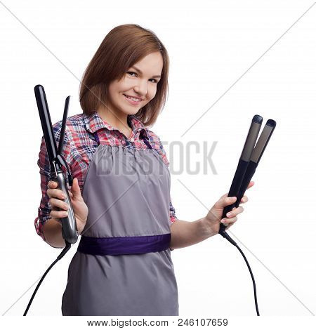 Happy Female Hairdresser Holding Hair Straightener Isolated On White Backgropund