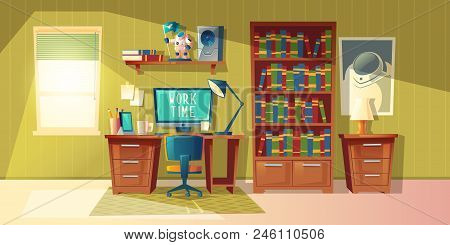 Vector Cartoon Illustration Of Empty Home Office With Bookcase, Modern Interior With Furniture. Comp