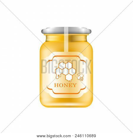 Realistic Glass Jar With Honey. Food Bank. Honey Packaging Design. Honey Logo. Mock Up Glass Jar Wit