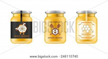 Realistic Glass Jar With Honey. Food Bank. Honey Packaging Design. Honey Logo. Mock Up Glass Jar Wit