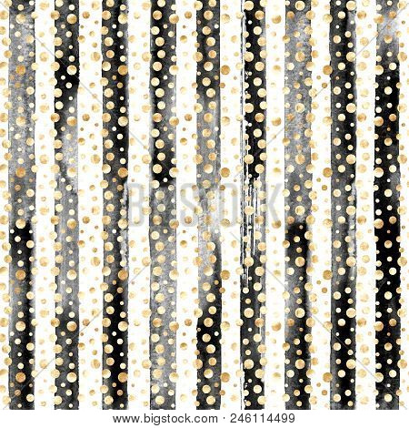 Abstract Gold Metal Confetti And Black And White Stripes Seamless Pattern. Luxury Golden Glittering 