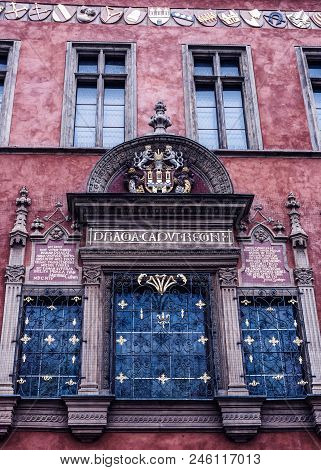 Prague, Czech Republic - March 24, 2018: Old Town Hall Facade With Praga Caput Regni Writing. Dim Li